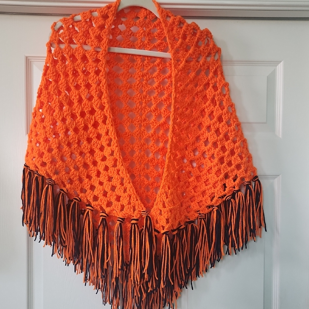Handmade Orange Crochet Shawl with Fringe